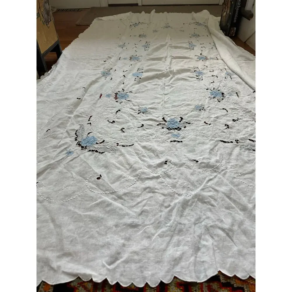 Vintage Hand Embroidered Tablecloth White floral blue linen cut out 98x58”